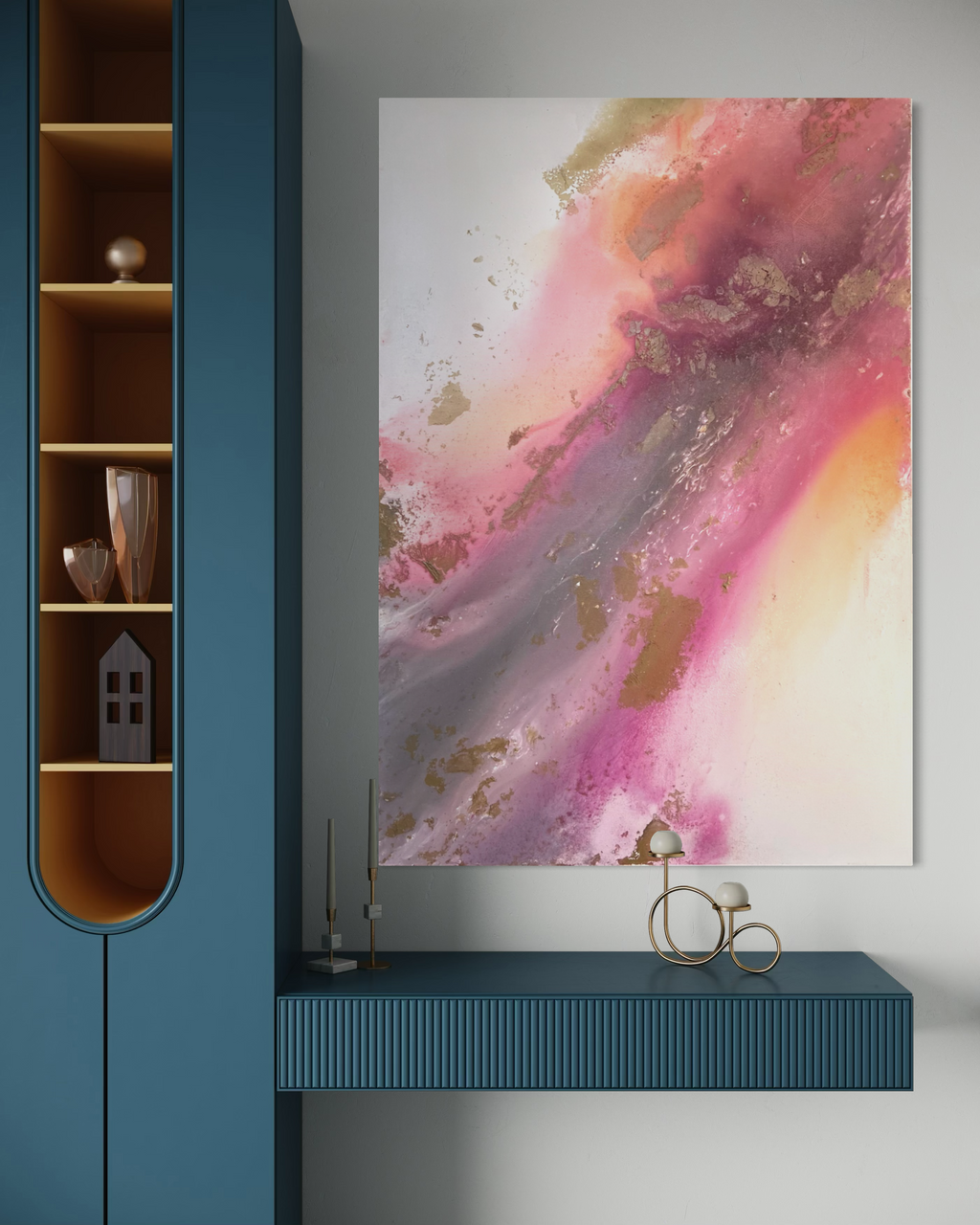 Flow displayed beside a blue cabinet in a styled interior