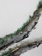 Close view of Rooted 2 where the green edge rises off the canvas in a ridge of black and gold