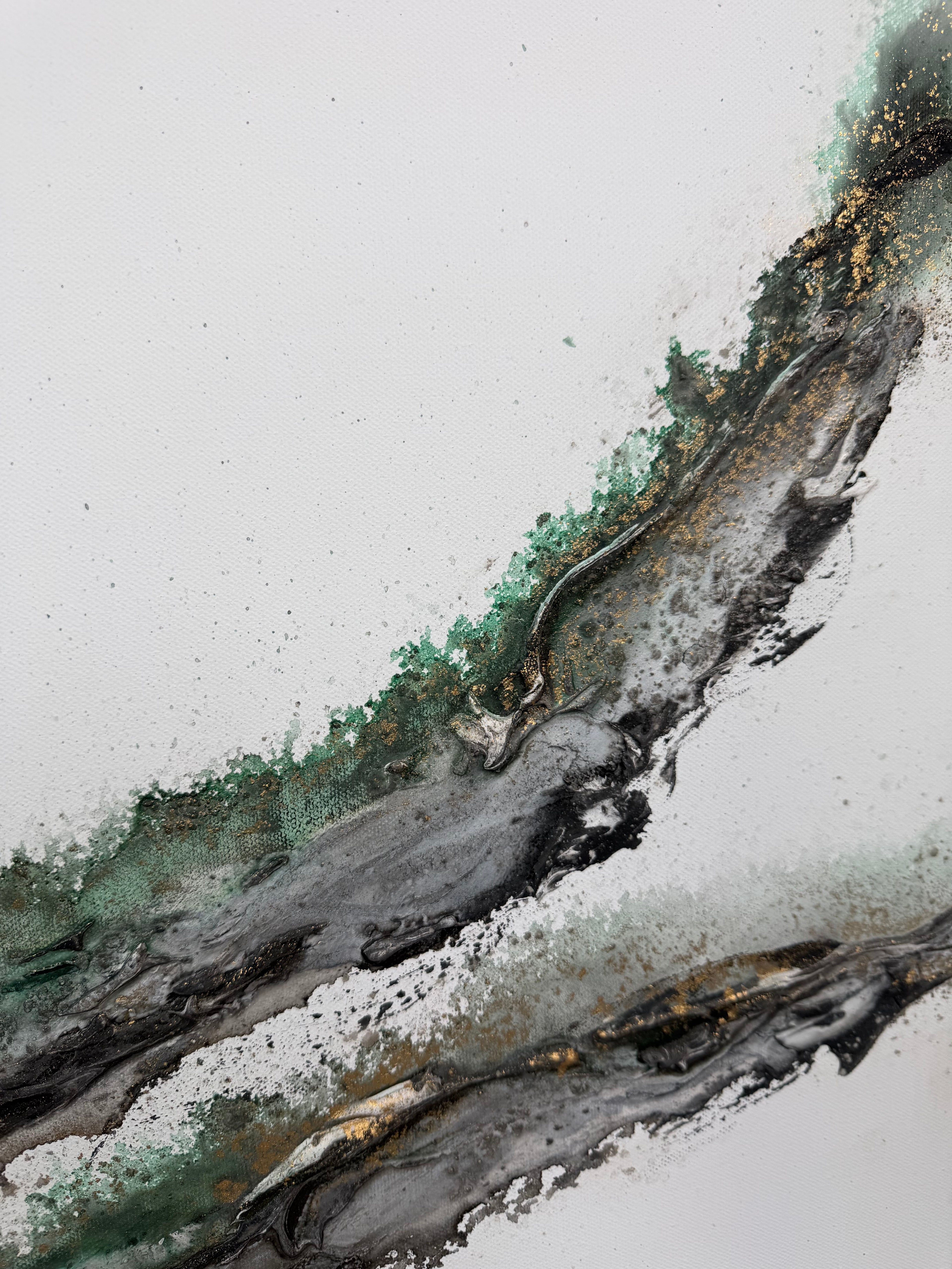 Close view of Rooted 2 where the green edge rises off the canvas in a ridge of black and gold