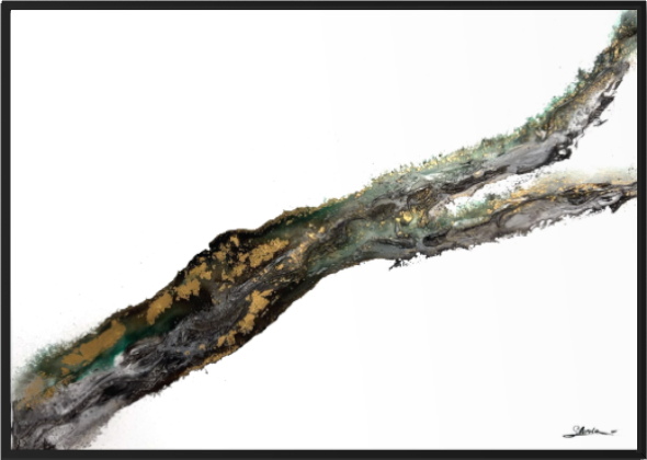 Rooted 2, a textured abstract painting with a diagonal seam of green, gold and black across an open white field, by Stefanie Carola