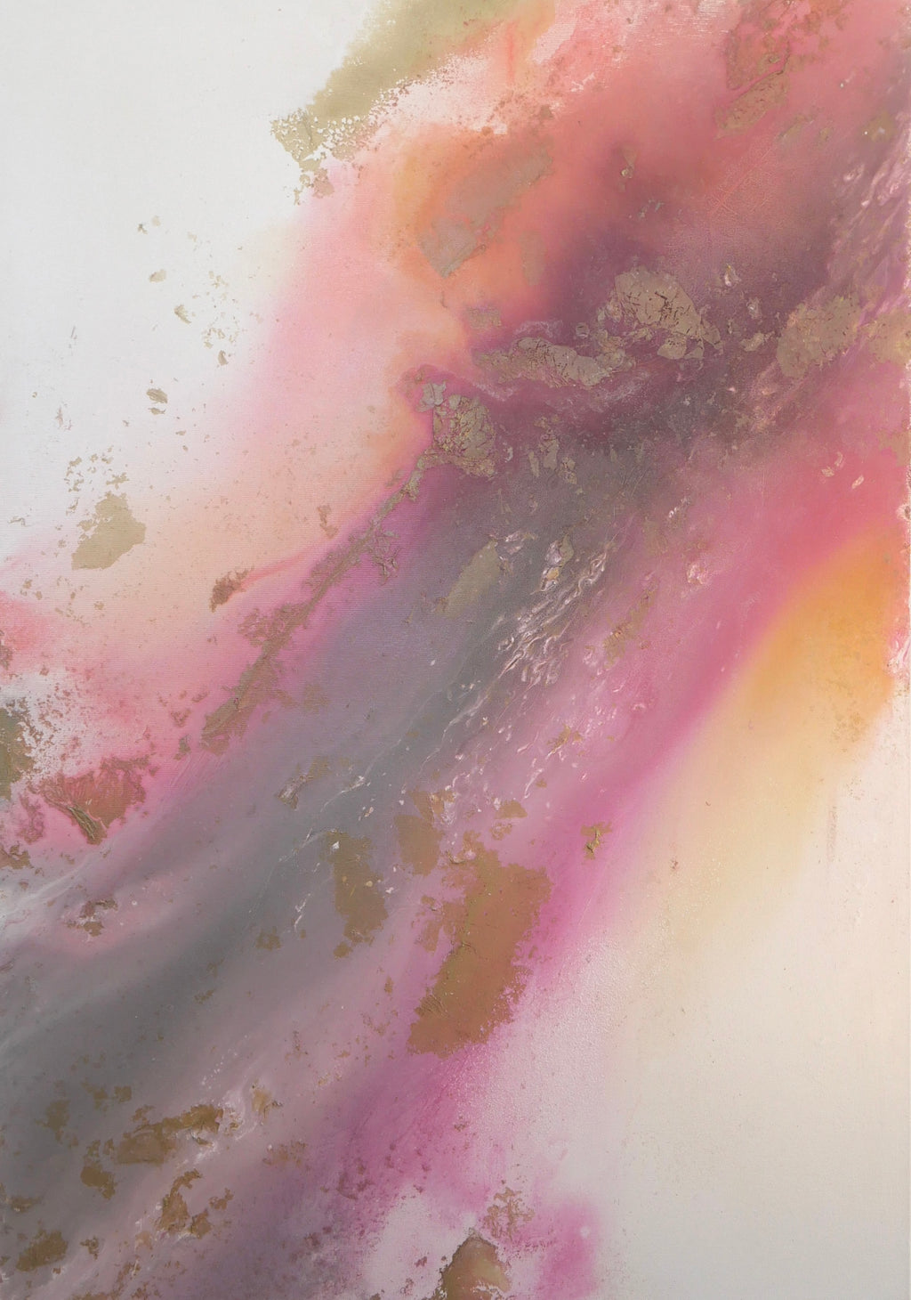 Flow, an abstract painting in soft pink, peach and mauve with scattered gold spray, by Stefanie Carola