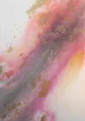 Flow, an abstract painting in soft pink, peach and mauve with scattered gold spray, by Stefanie Carola