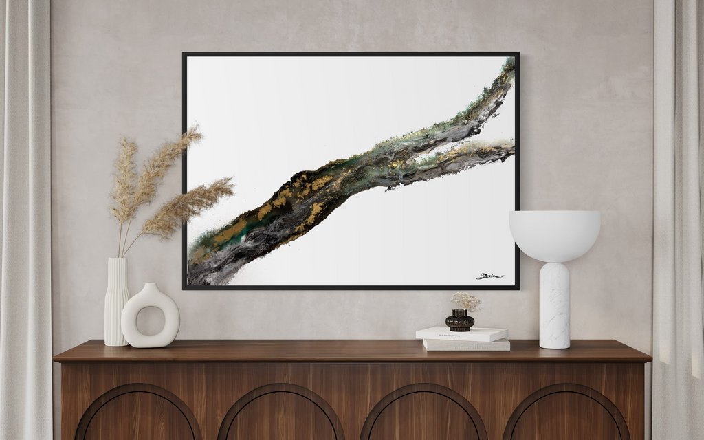 Rooted 2 on a textured wall above an arched wooden sideboard with dried pampas grass