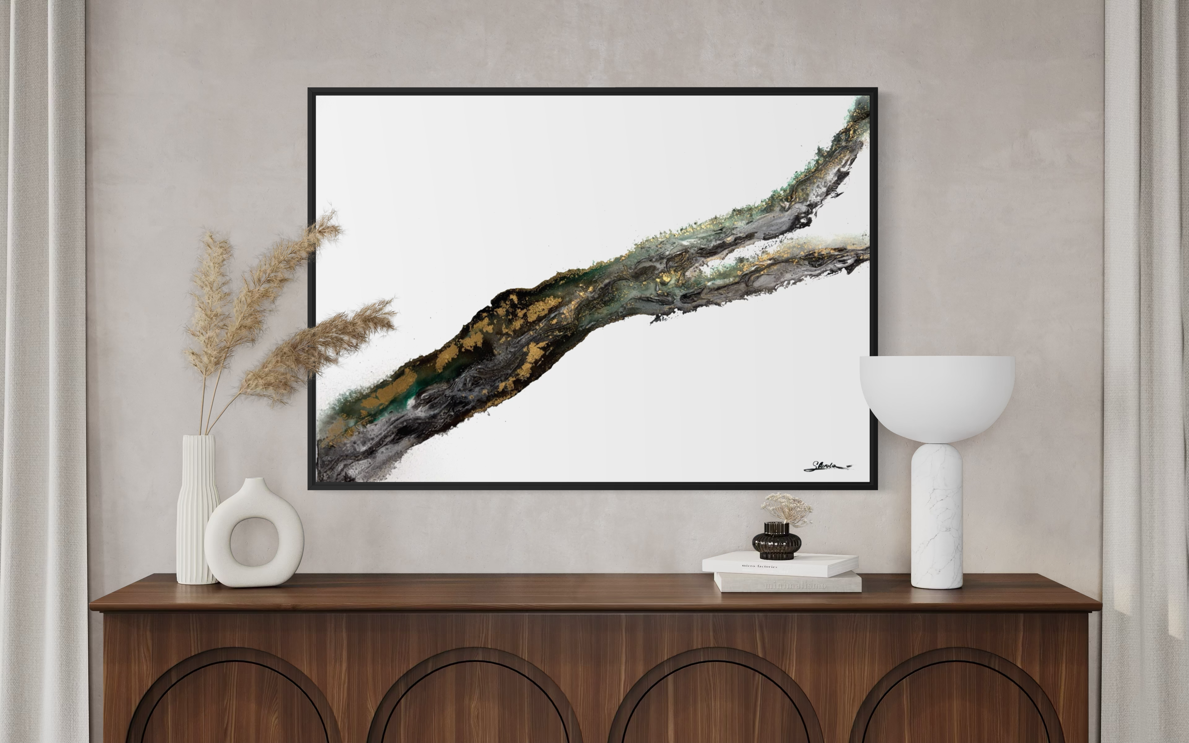 Rooted 2 on a textured wall above an arched wooden sideboard with dried pampas grass