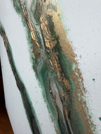 Detail of Rooted 1 at the canvas edge, where green and gold meet raw white