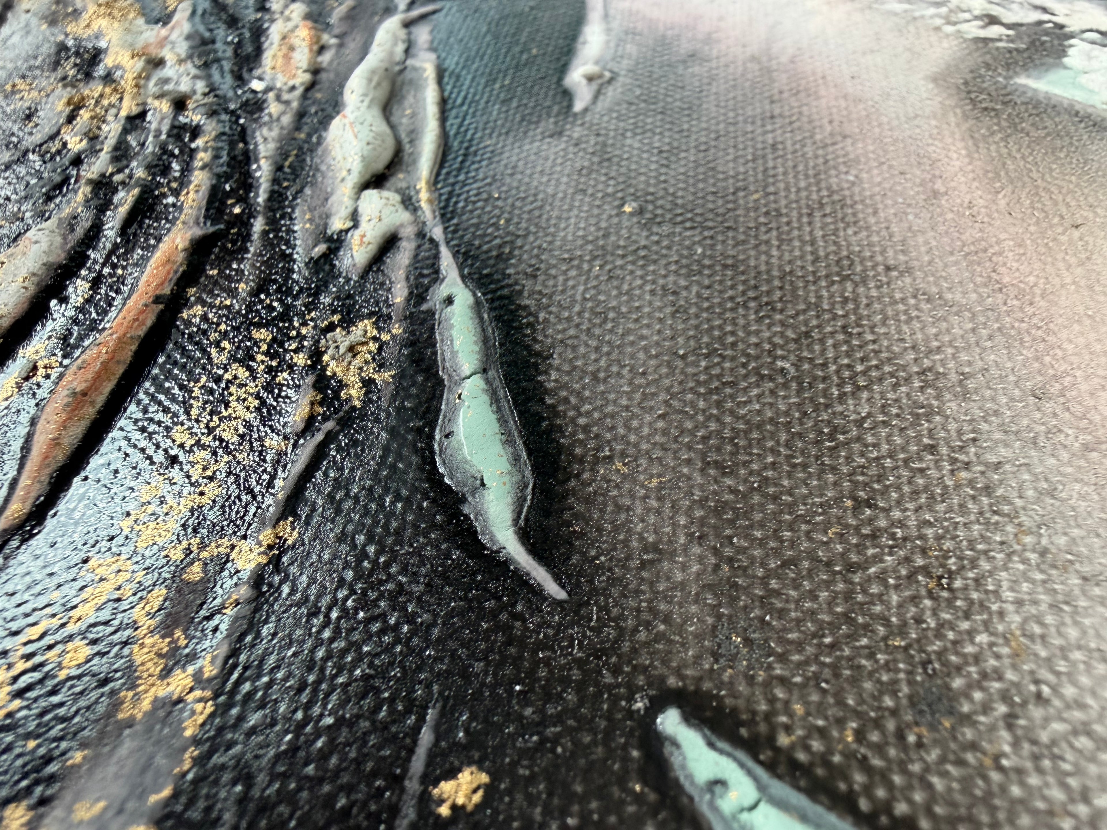 Surface detail of Unfold with a pale green ridge standing off the black ground