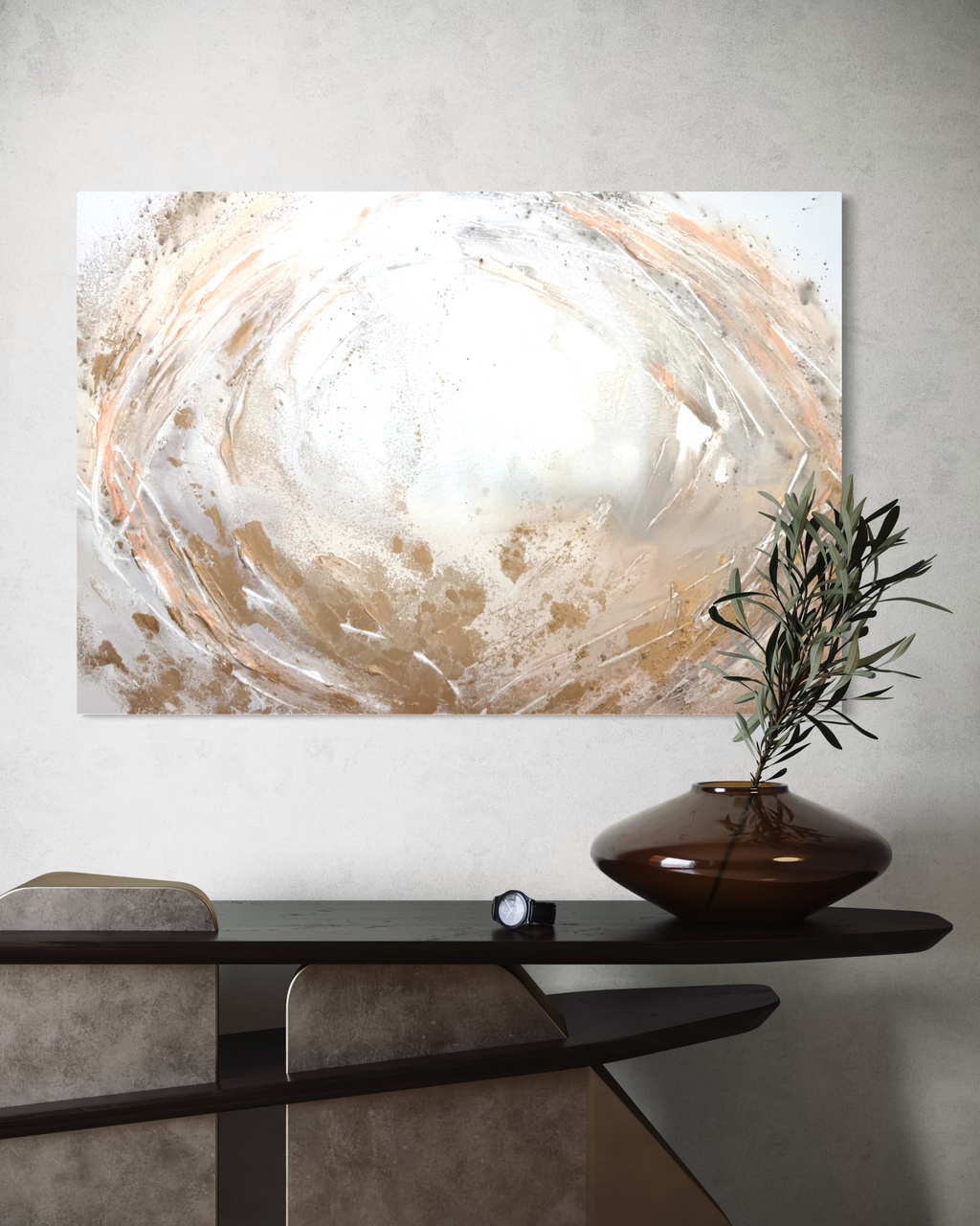 Peace hanging above a dark console table in a calm modern living room