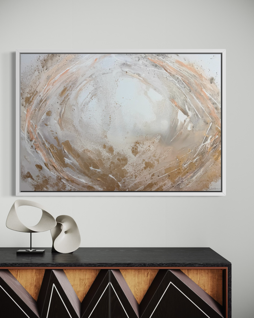 Peace on the wall above a wooden sideboard in a modern interior