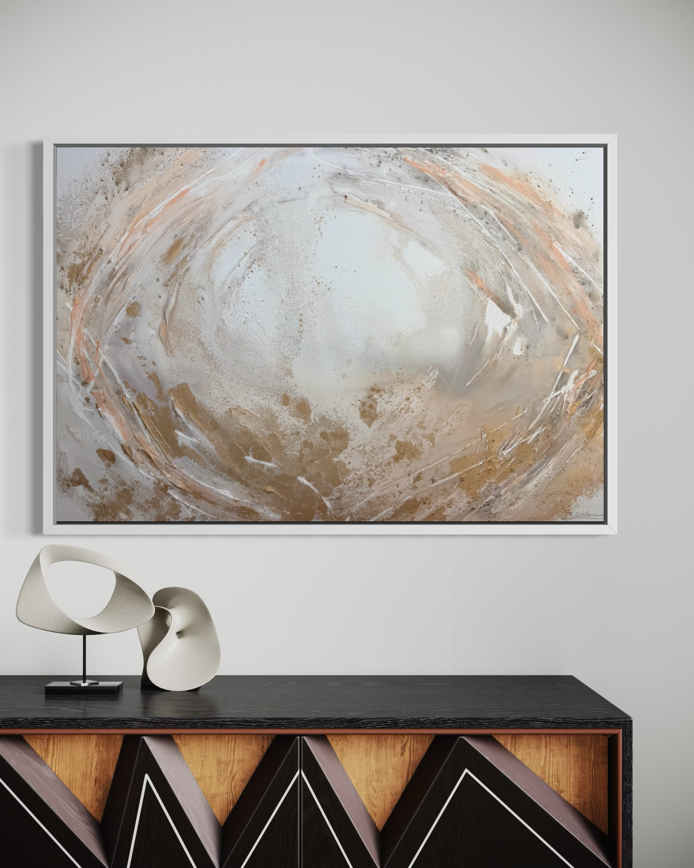 Peace on the wall above a wooden sideboard in a modern interior
