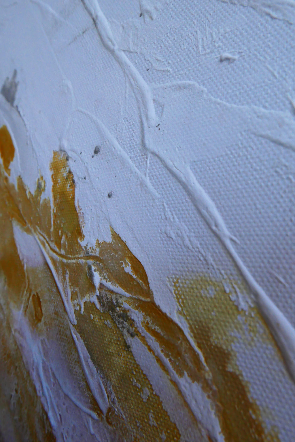 Close-up of Serenity 2 showing thick white impasto ridges and a streak of gold running over the canvas edge