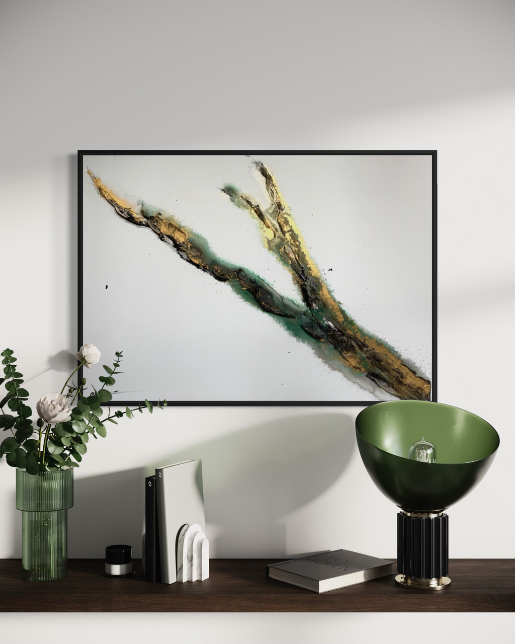 Rooted 1 above a console with a green vase and a dark green table lamp