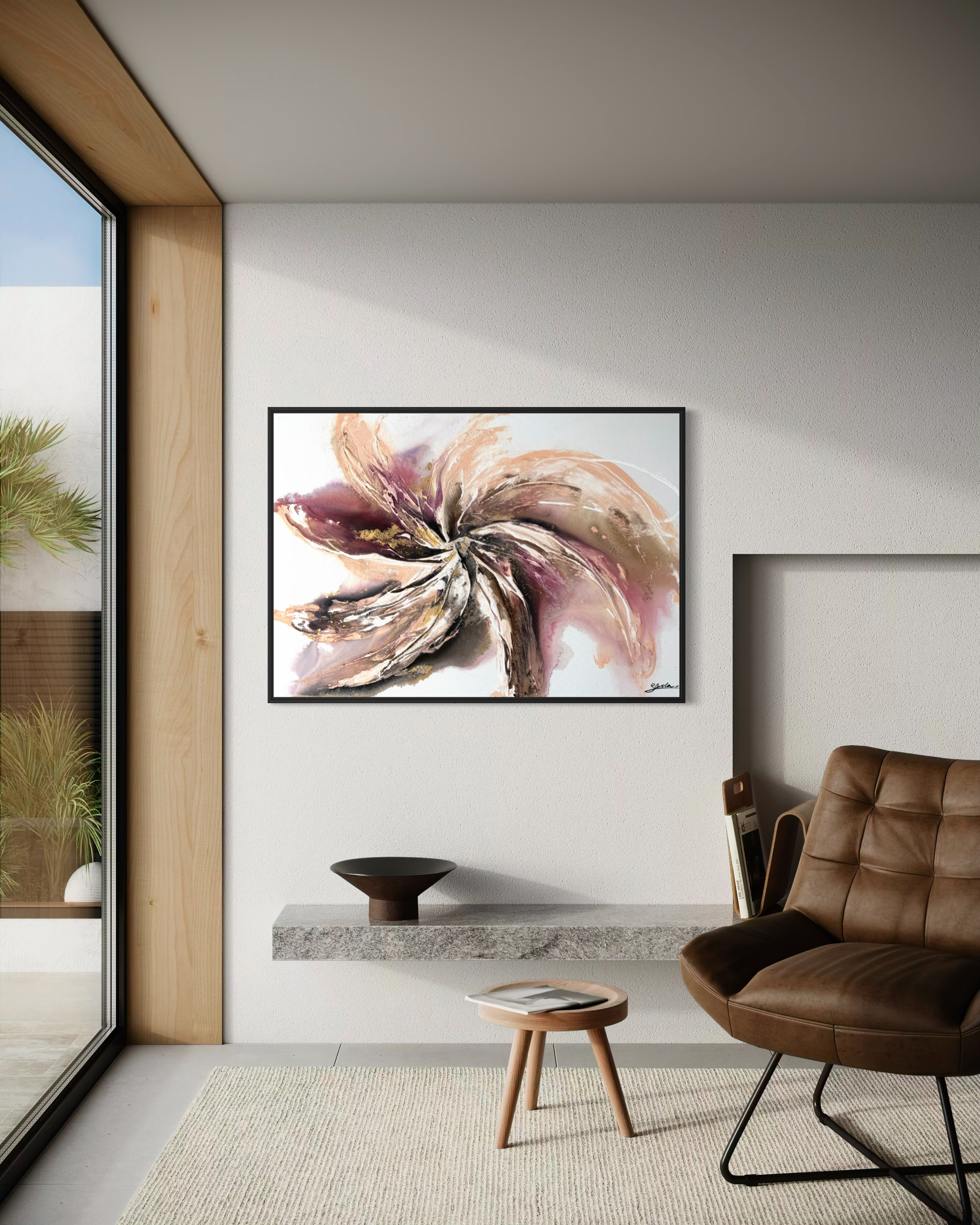 Wildflower on a white wall in a sunlit room with a wooden window frame and a brown leather chair