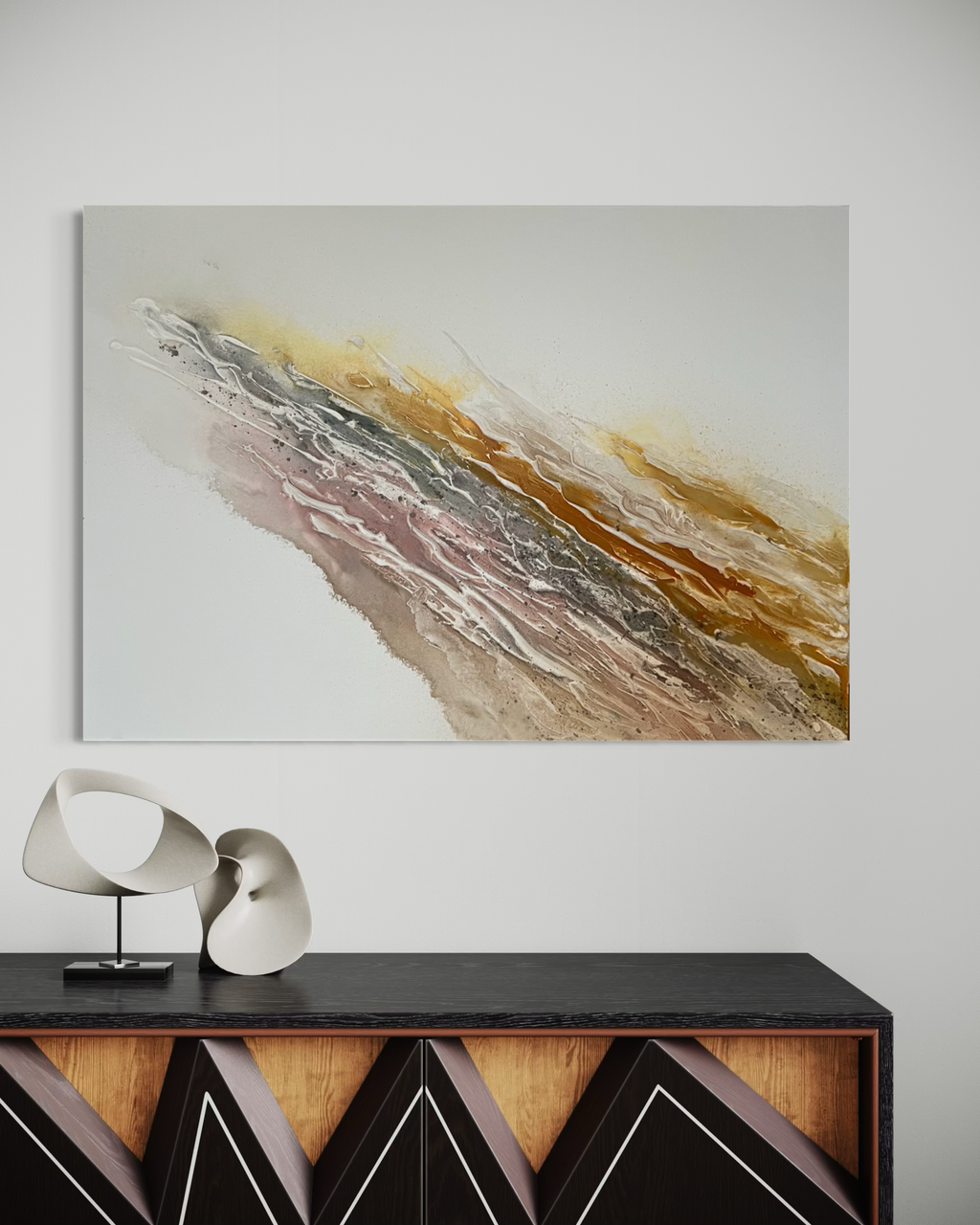 Serenity 2 above a dark sideboard with a white sculptural object in a calm, minimal interior