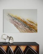 Serenity 2 above a dark sideboard with a white sculptural object in a calm, minimal interior