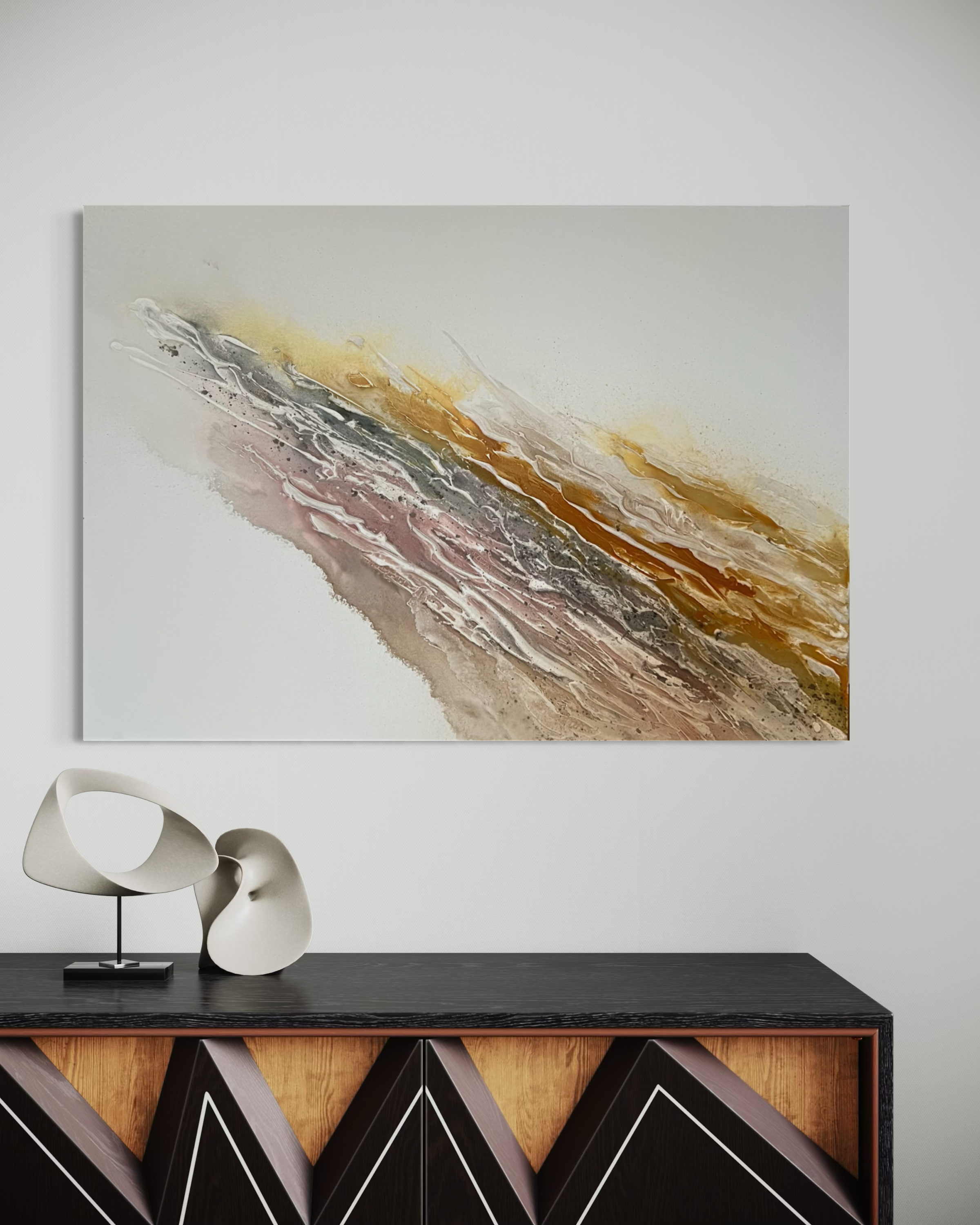 Serenity 2 above a dark sideboard with a white sculptural object in a calm, minimal interior
