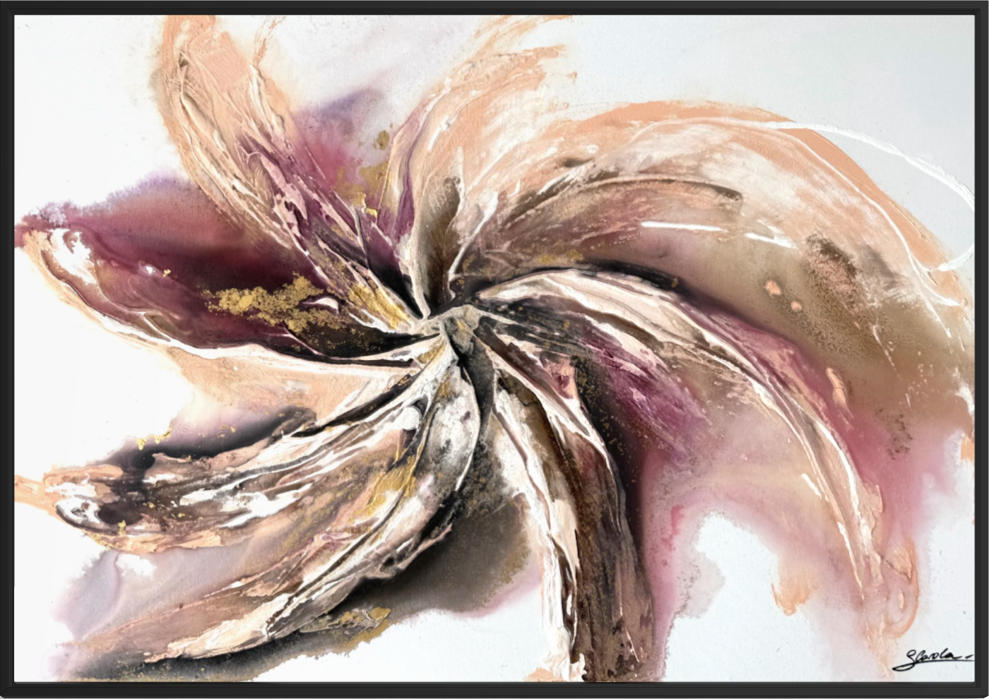 Wildflower, a large abstract textured painting in wine, peach and gold by Stefanie Carola