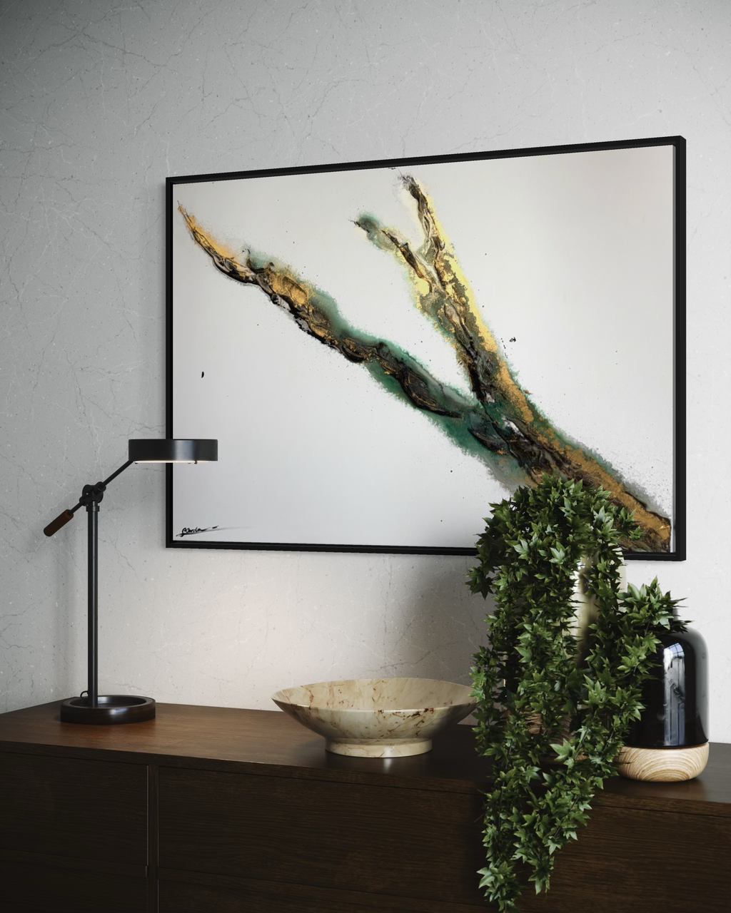 Rooted 1 on a pale wall above a dark console with a lamp, plant and bowl