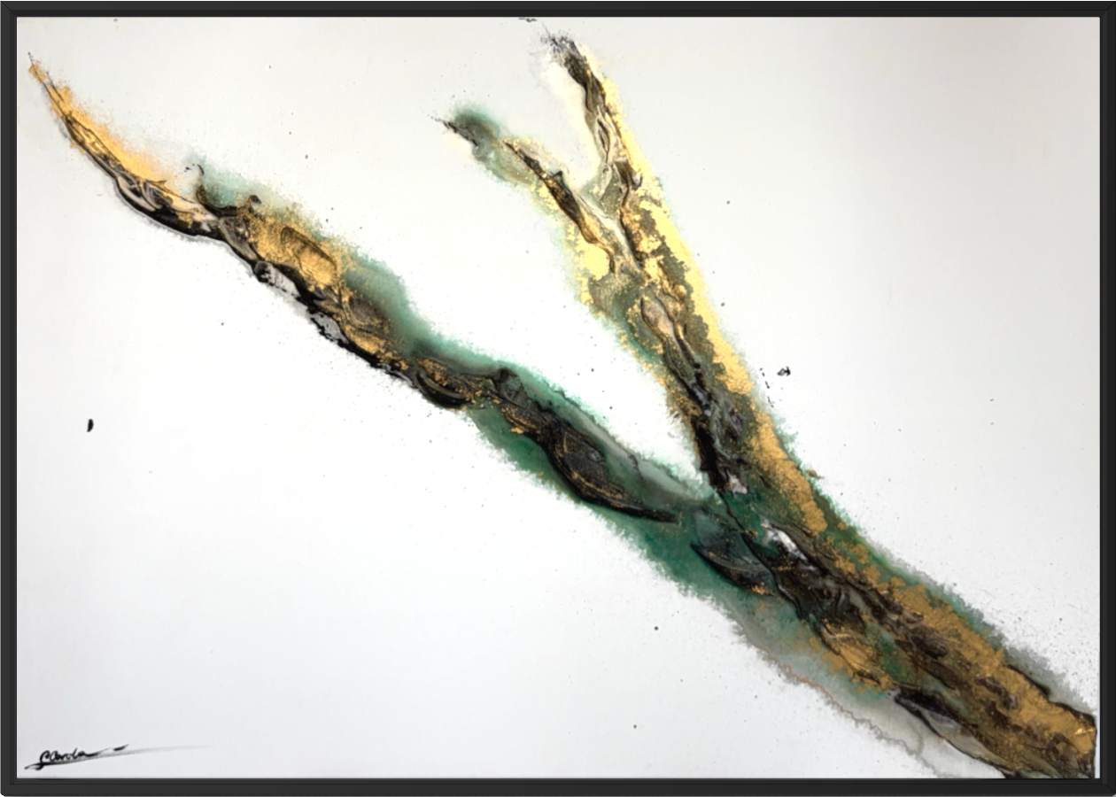 Rooted 1, a textured abstract painting with a diagonal seam of green, gold and black across an open white field, by Stefanie Carola