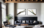 Rooted 1 and Rooted 2 hanging as a pair above a dark leather sofa in a room with wooden beams