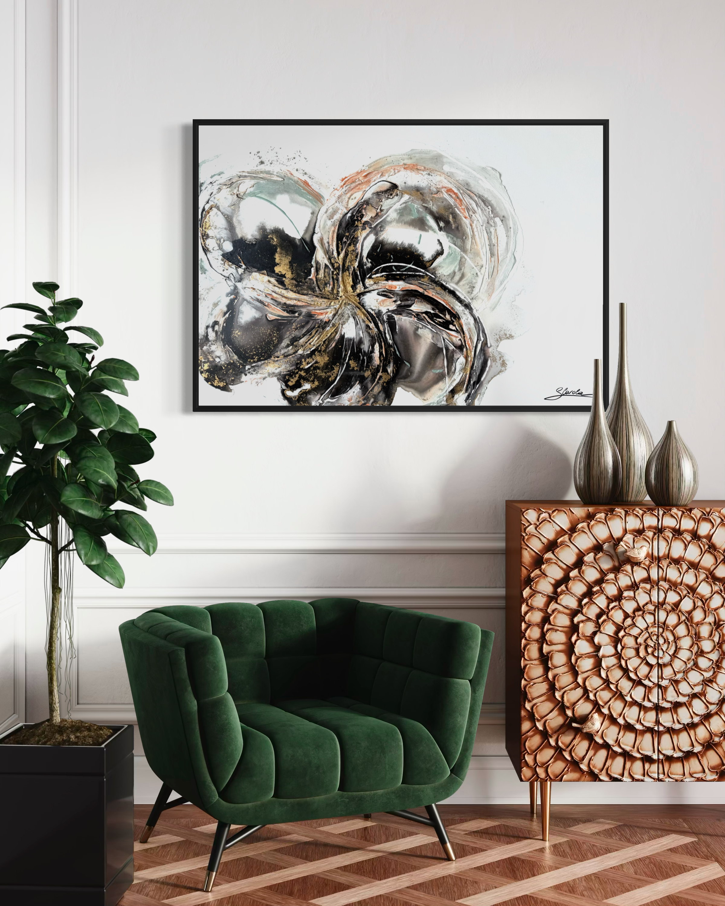 Unfold framed in black on a panelled wall above a green velvet sofa
