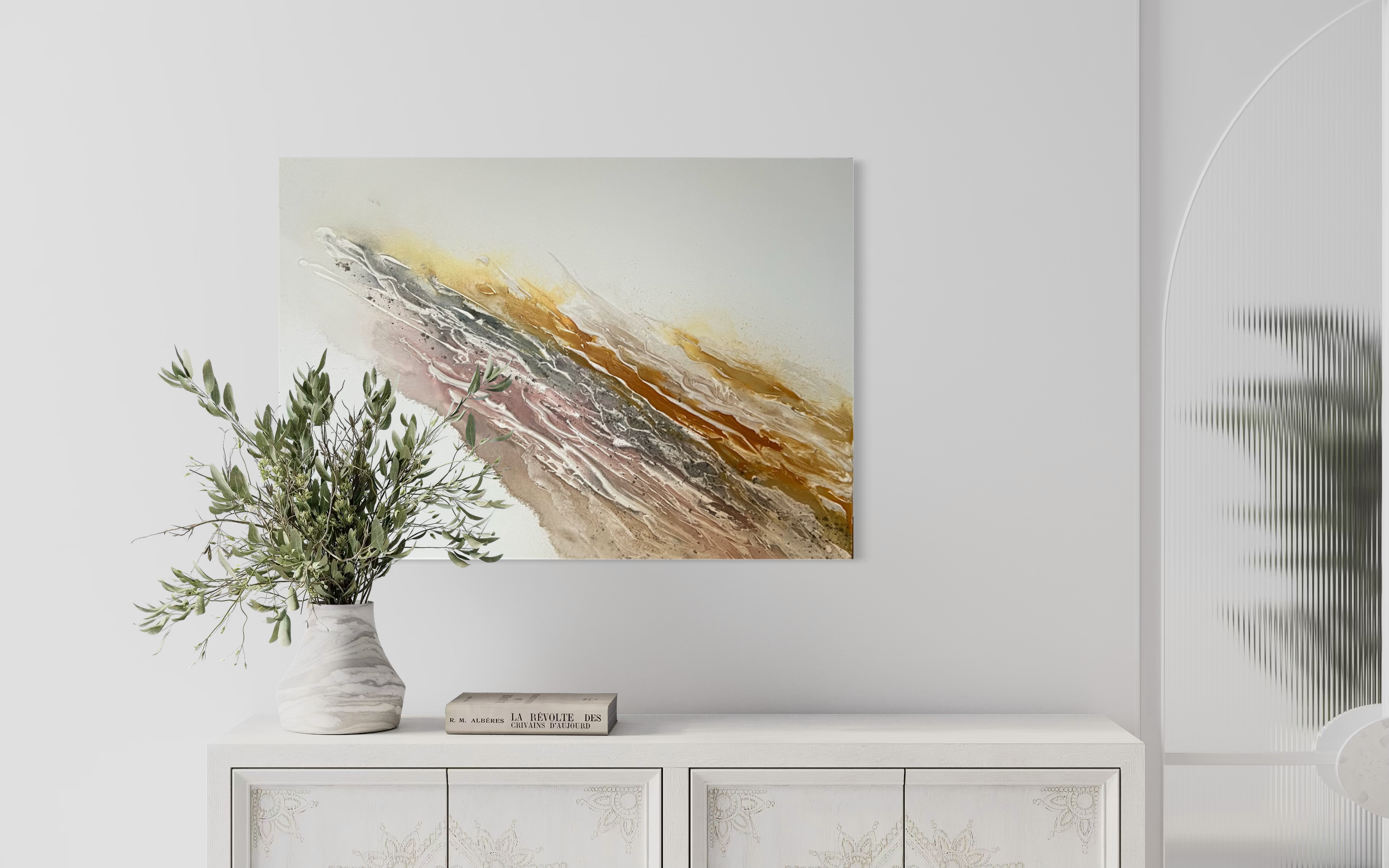 Serenity 2 above a light console with an olive branch in a vase, in a neutral, minimal interior