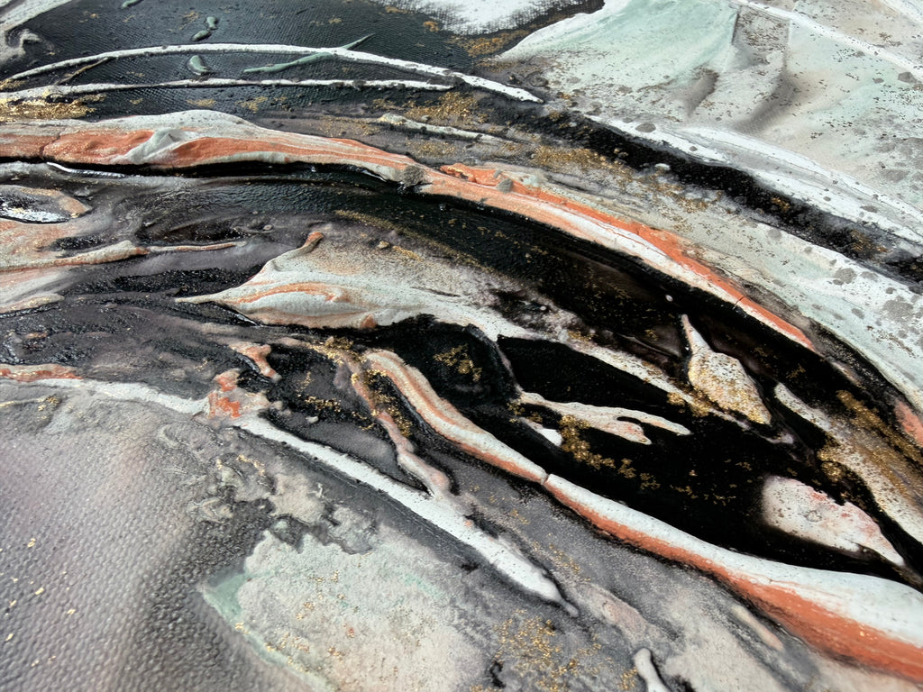 Detail of black, coral and green strokes layered across Unfold