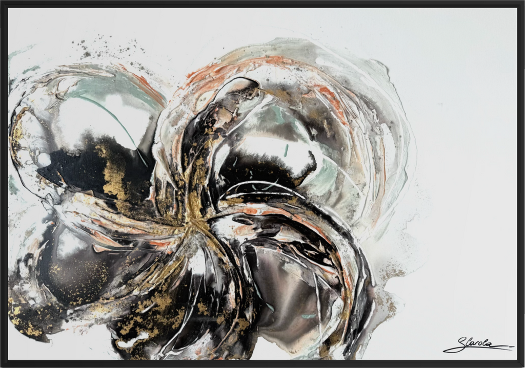 Unfold, a large abstract textured painting in black, white, coral and gold by Stefanie Carola