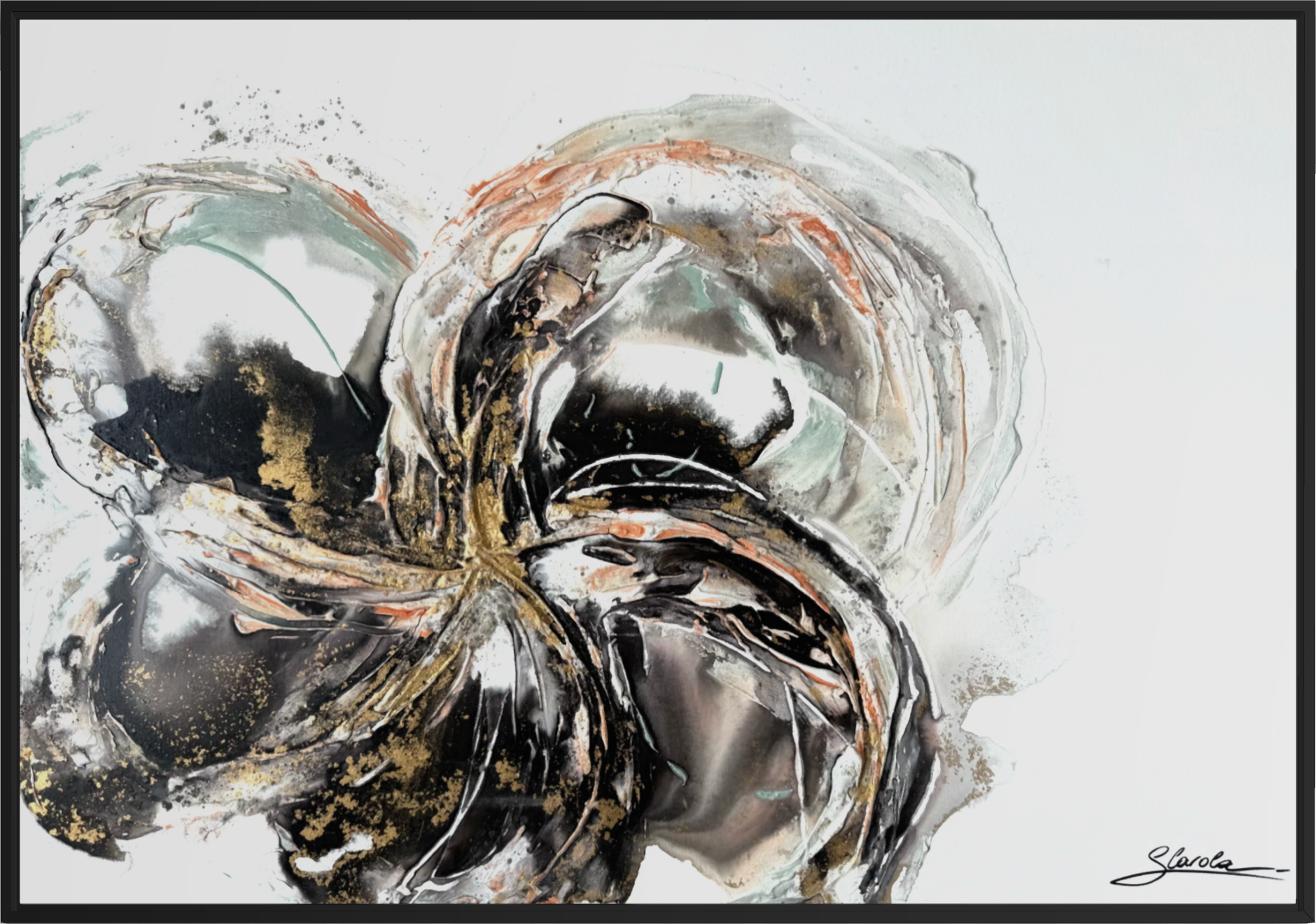 Unfold, a large abstract textured painting in black, white, coral and gold by Stefanie Carola