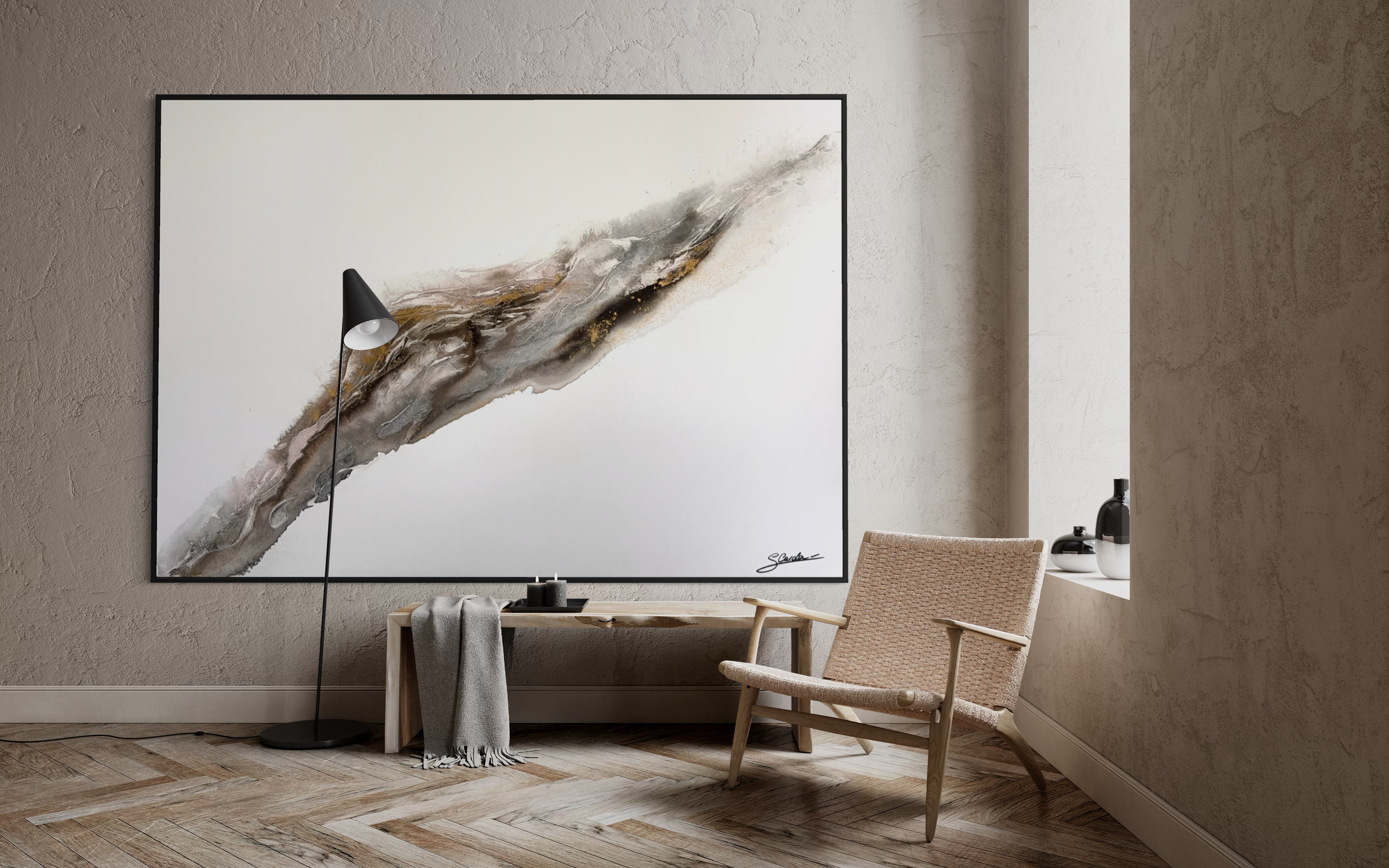Bedrock on a pale wall in a living room with a floor lamp, wooden bench and armchair.