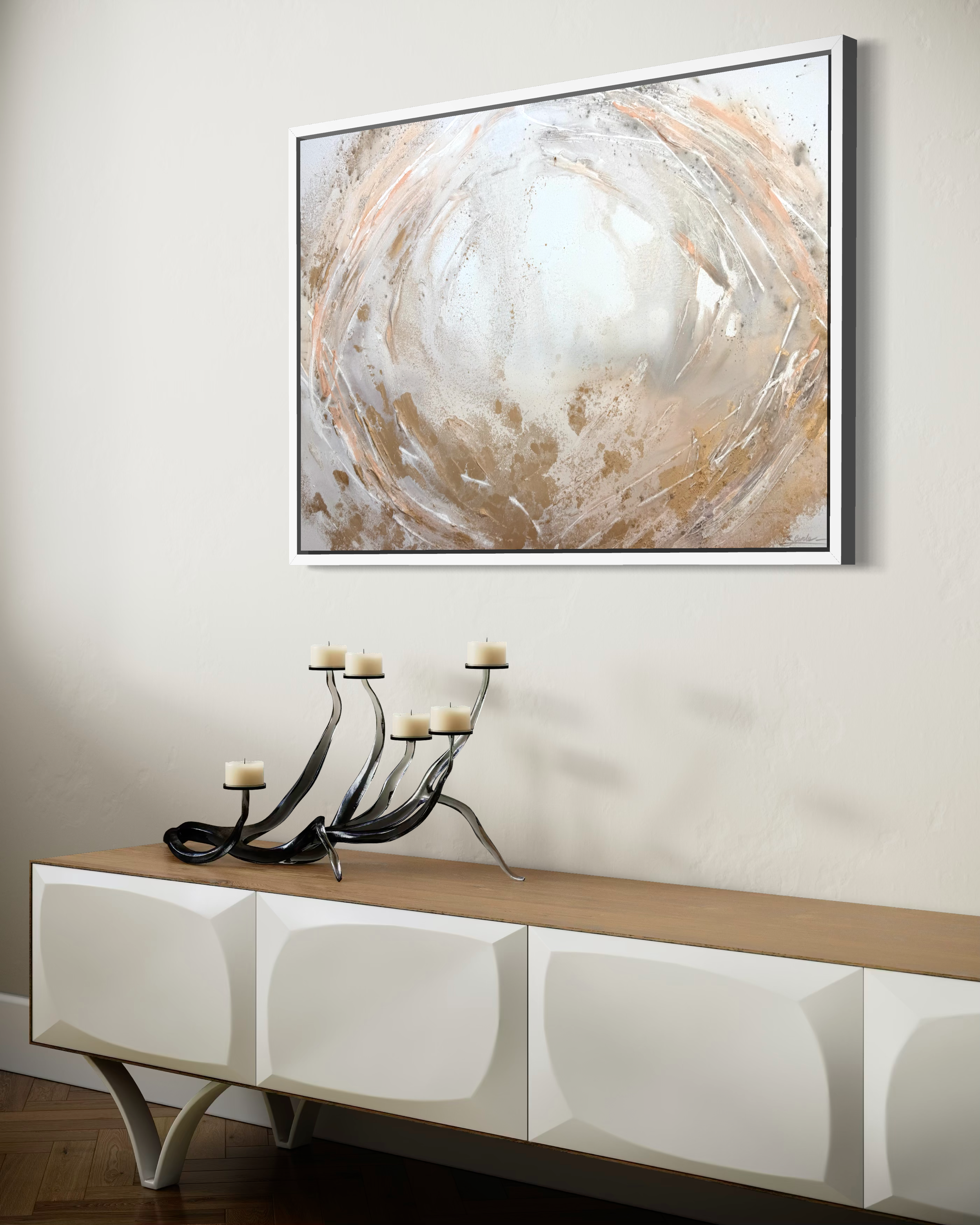 Peace above a white sideboard in a minimalist living space