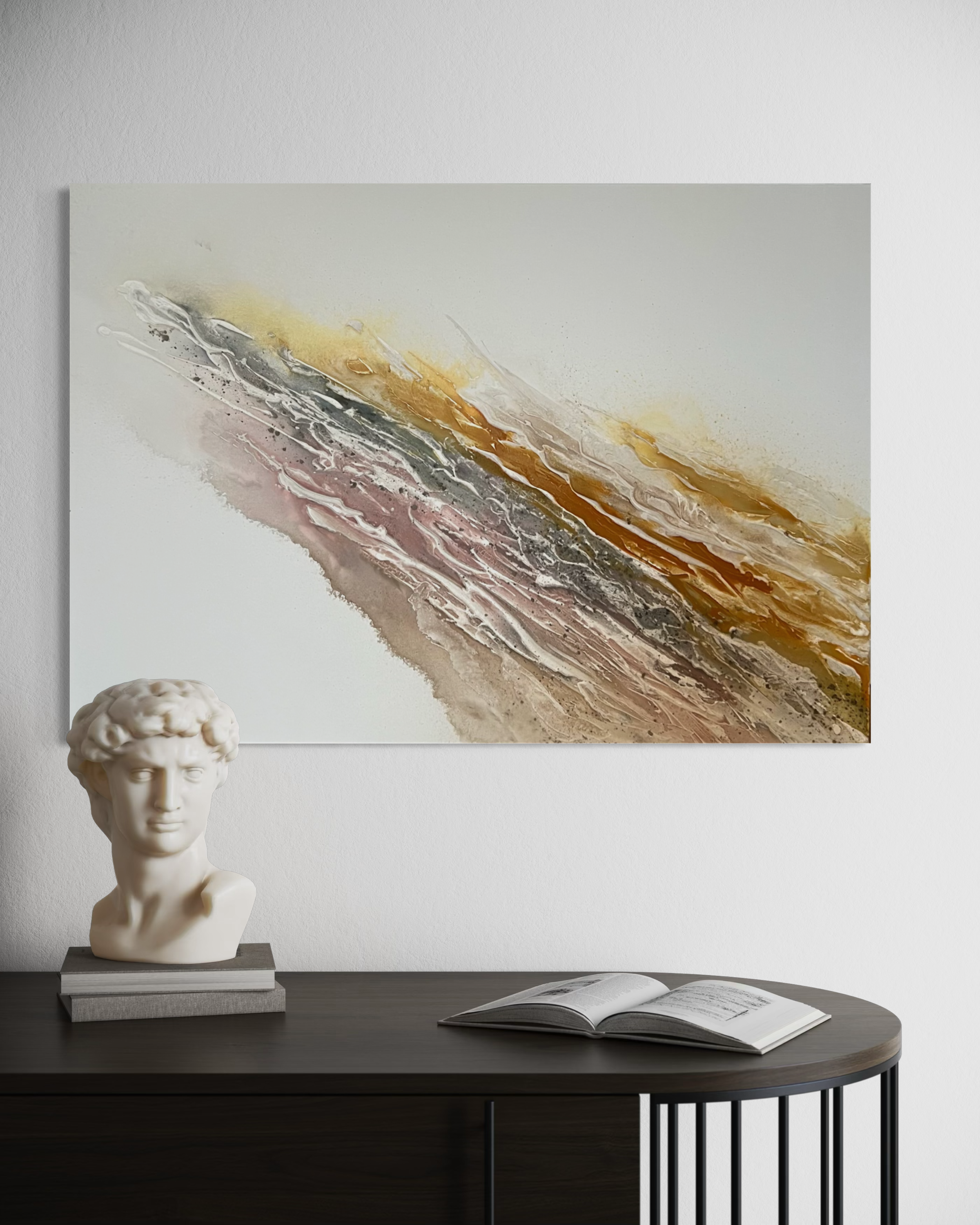 Serenity 2 hanging above a dark console styled with a classical bust and an open book