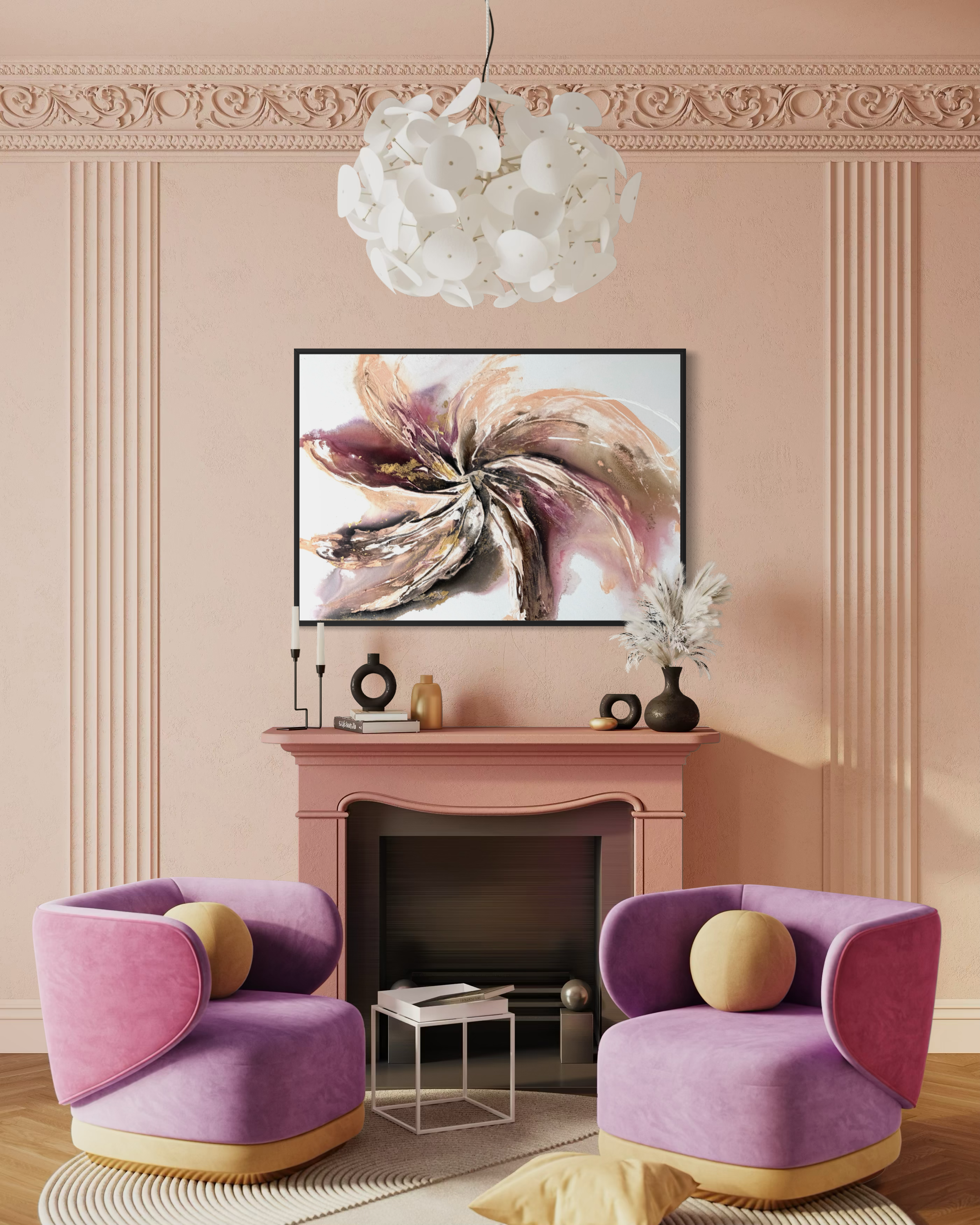 Wildflower above a fireplace in a blush pink room with violet armchairs