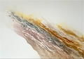 Serenity 2, a textured abstract painting with a diagonal current of rosé, grey and gold running across an open white field
