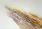Serenity 2, a textured abstract painting with a diagonal current of rosé, grey and gold running across an open white field