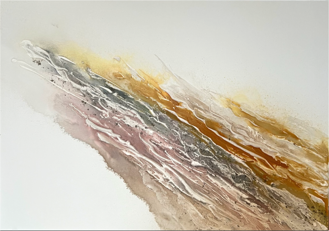 Serenity 2, a textured abstract painting with a diagonal current of rosé, grey and gold running across an open white field