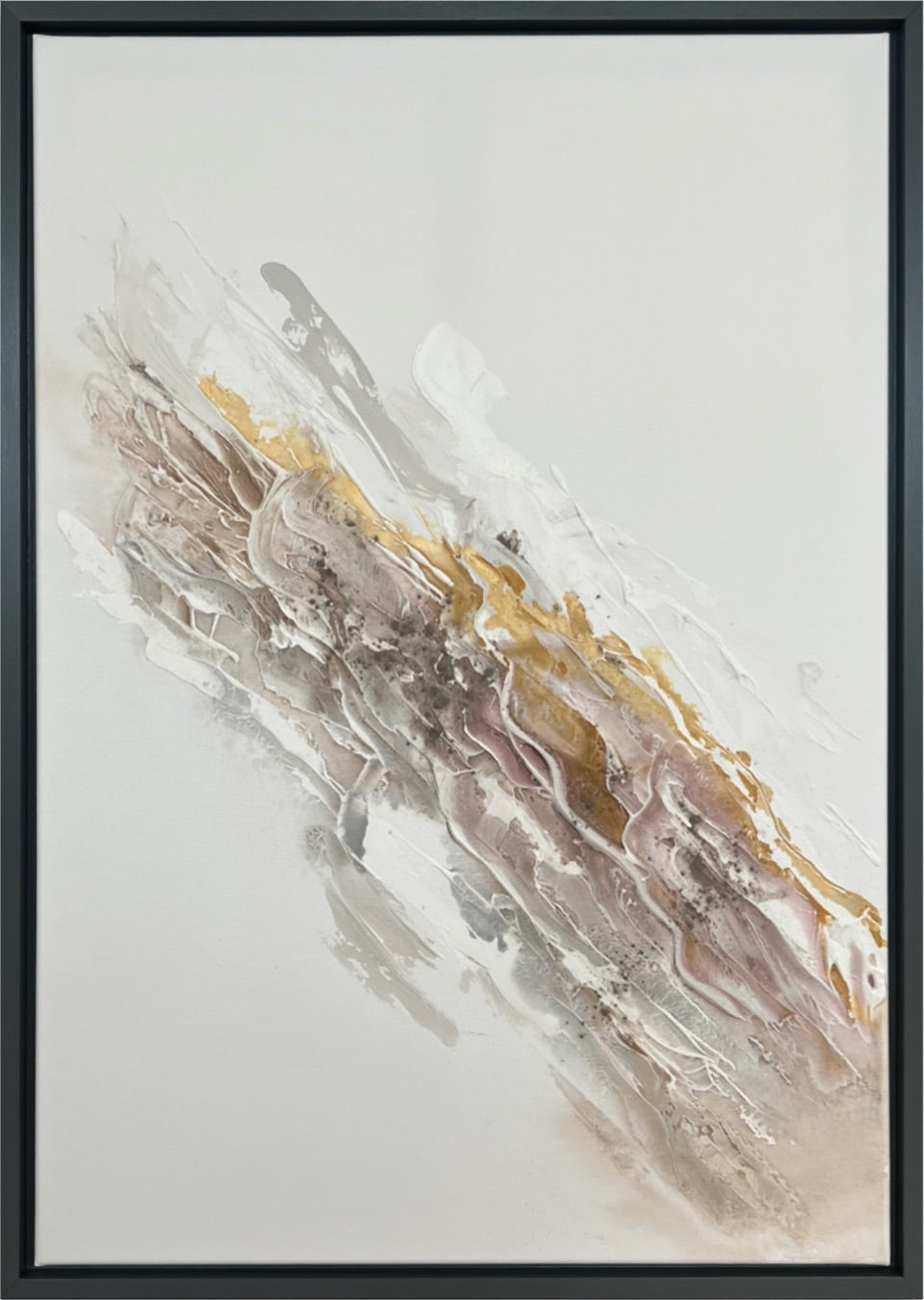 Liberation 1, a textured abstract painting in soft white and cream with gold and mauve accents, shown in full front view.