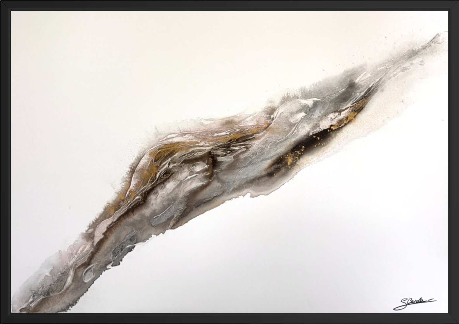 Bedrock, a textured abstract painting in a black floater frame. A diagonal seam of grey, brown, black and gold runs across an open white field.