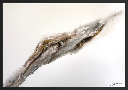 Bedrock, a textured abstract painting in a black floater frame. A diagonal seam of grey, brown, black and gold runs across an open white field.