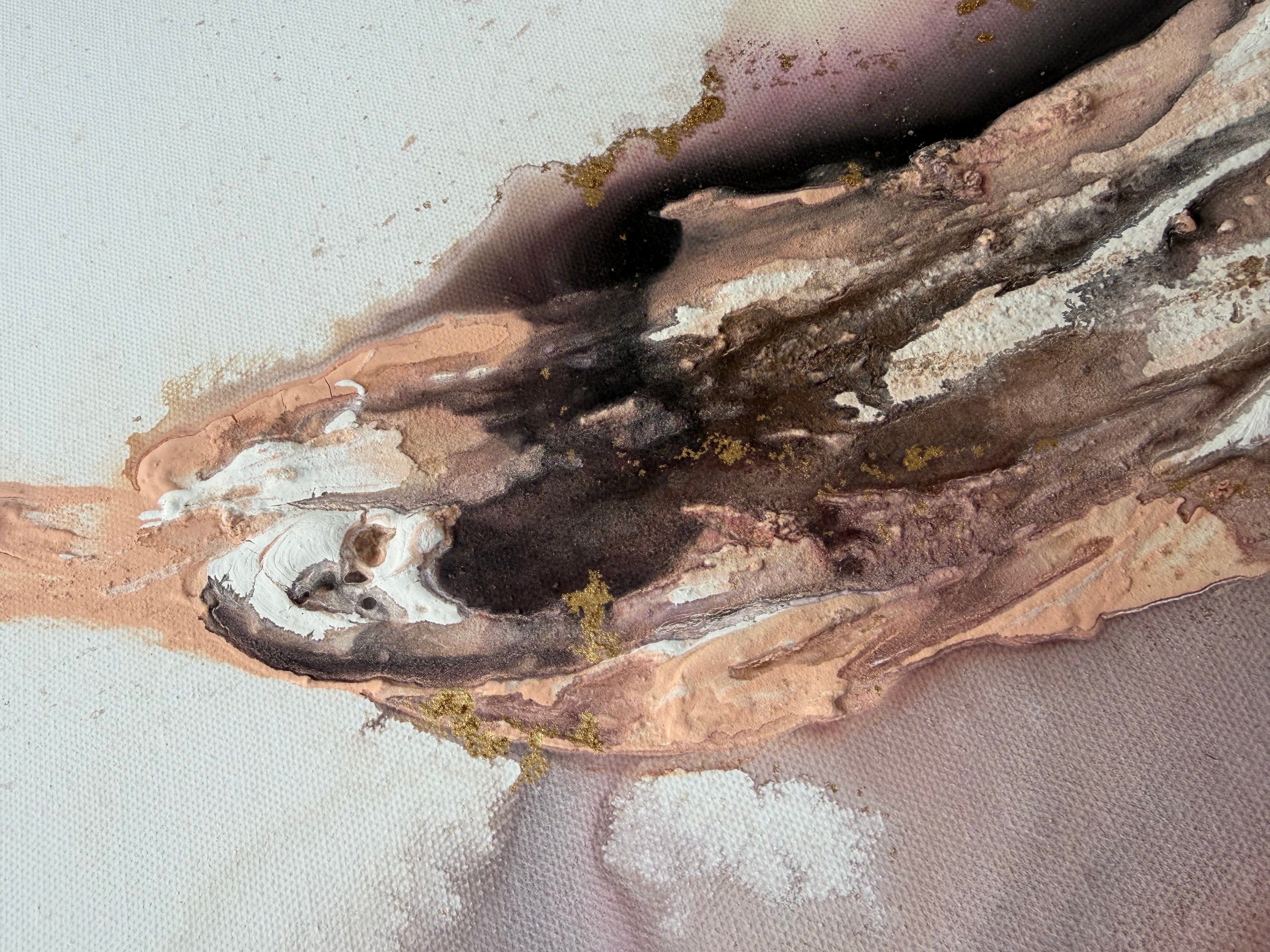 Detail of peach and brown brushwork with pooled gold in Wildflower