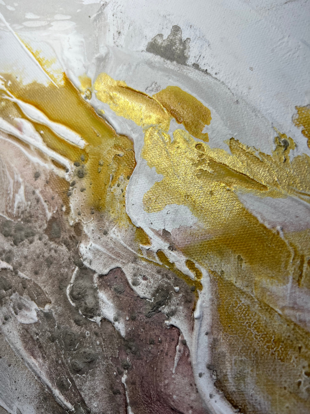 Detail of Liberation 1 with bold gold and pink running through textured white.