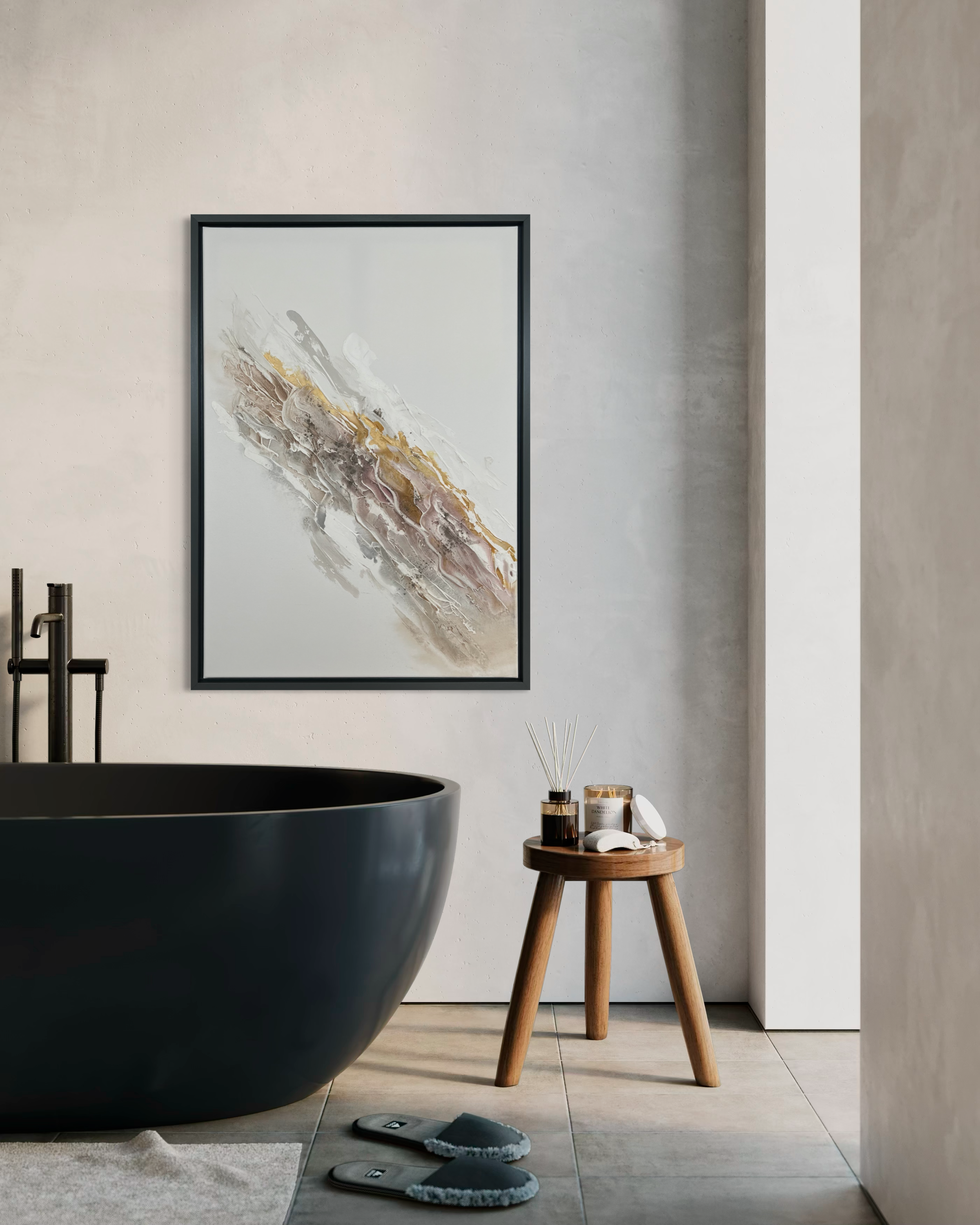Liberation 1 displayed on the wall above a freestanding black bathtub in a minimalist bathroom.