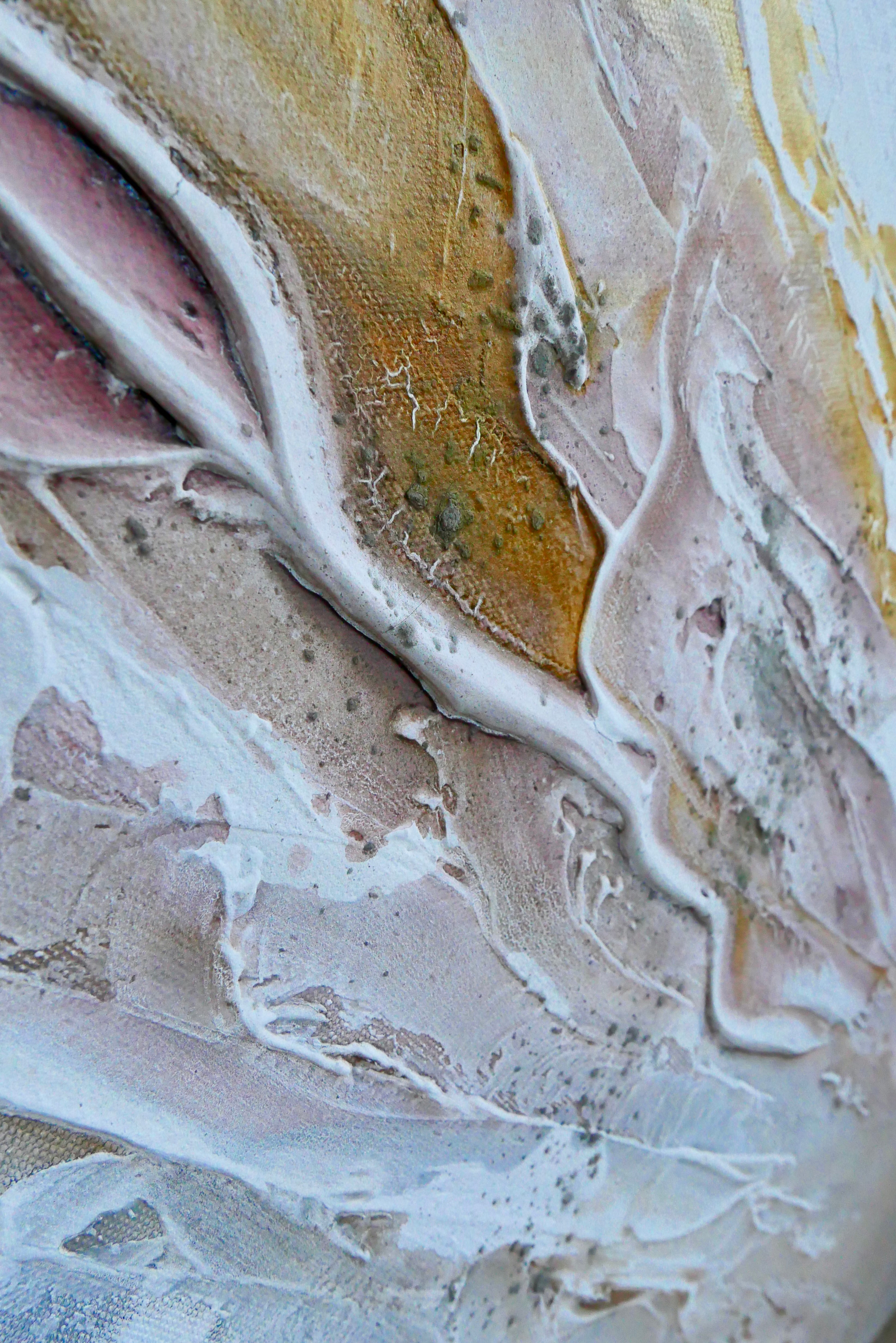 Close-up of Liberation 1 showing layered impasto texture in white, gold and pink.