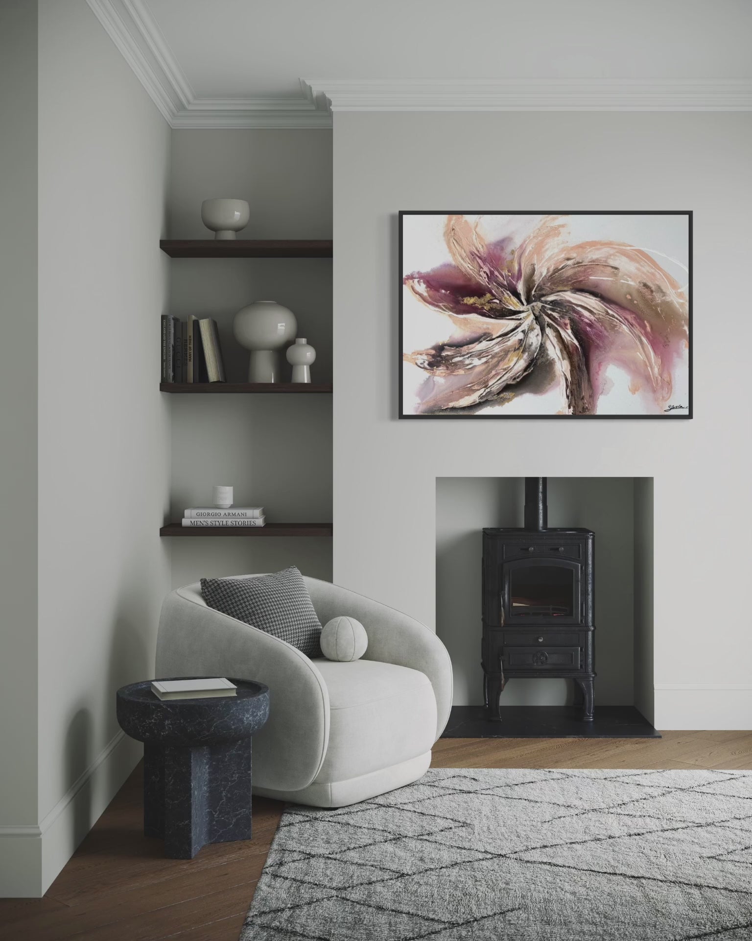Video of Wildflower in a pale living room beside a wood burner