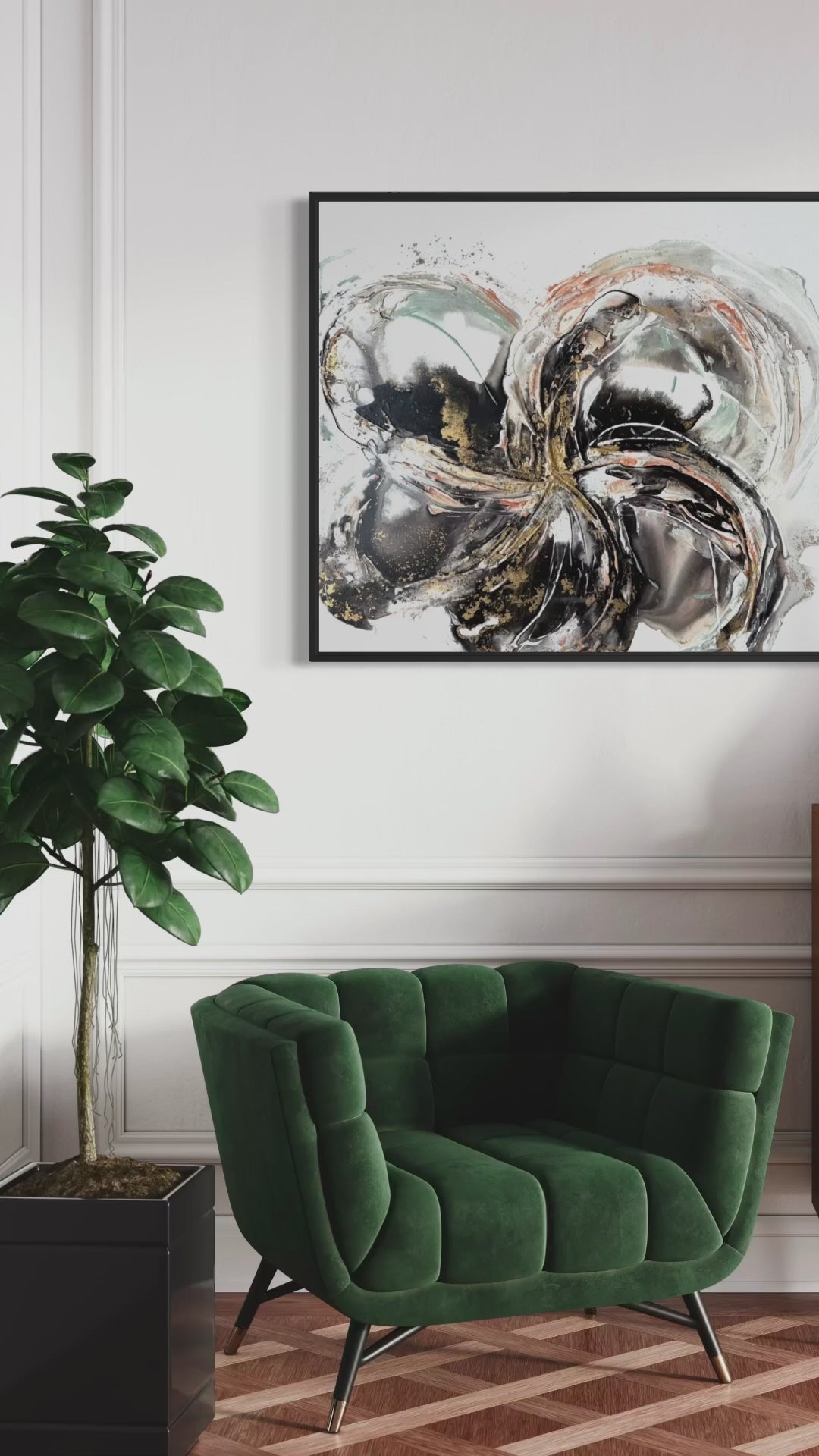 Video of Unfold on a panelled wall in a room with a green velvet sofa