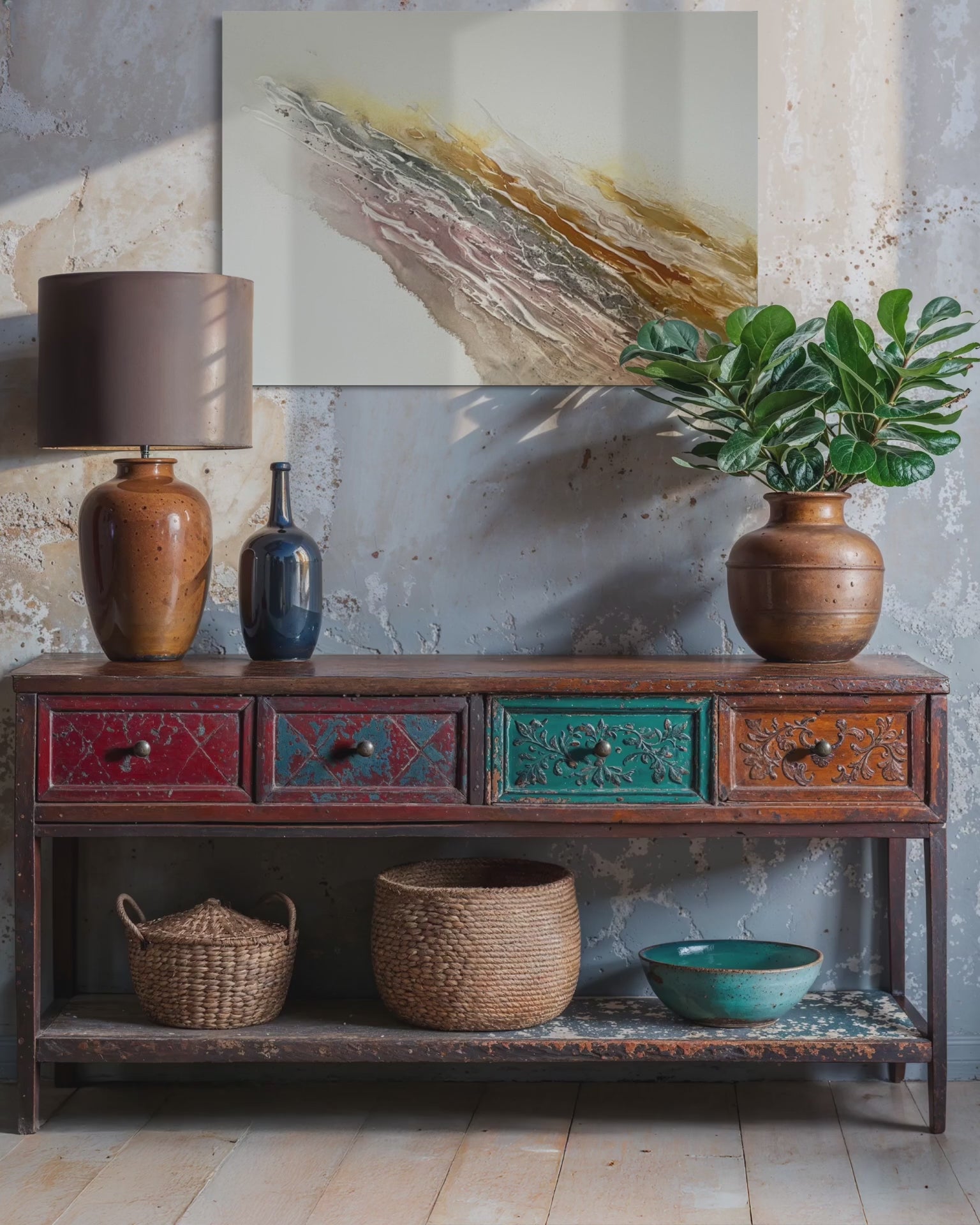 Video of Serenity 2 above a rustic console with a table lamp and a potted plant