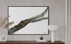 Video of Rooted 2 on a textured wall above a wooden console with a white bowl
