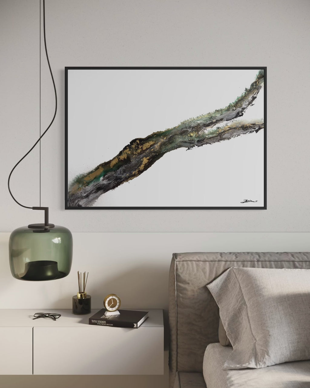 Video of Rooted 2 above a bed beside a green glass pendant lamp