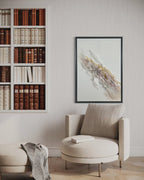 Video of Liberation 1 beside a bookshelf, above a cream armchair and round ottoman