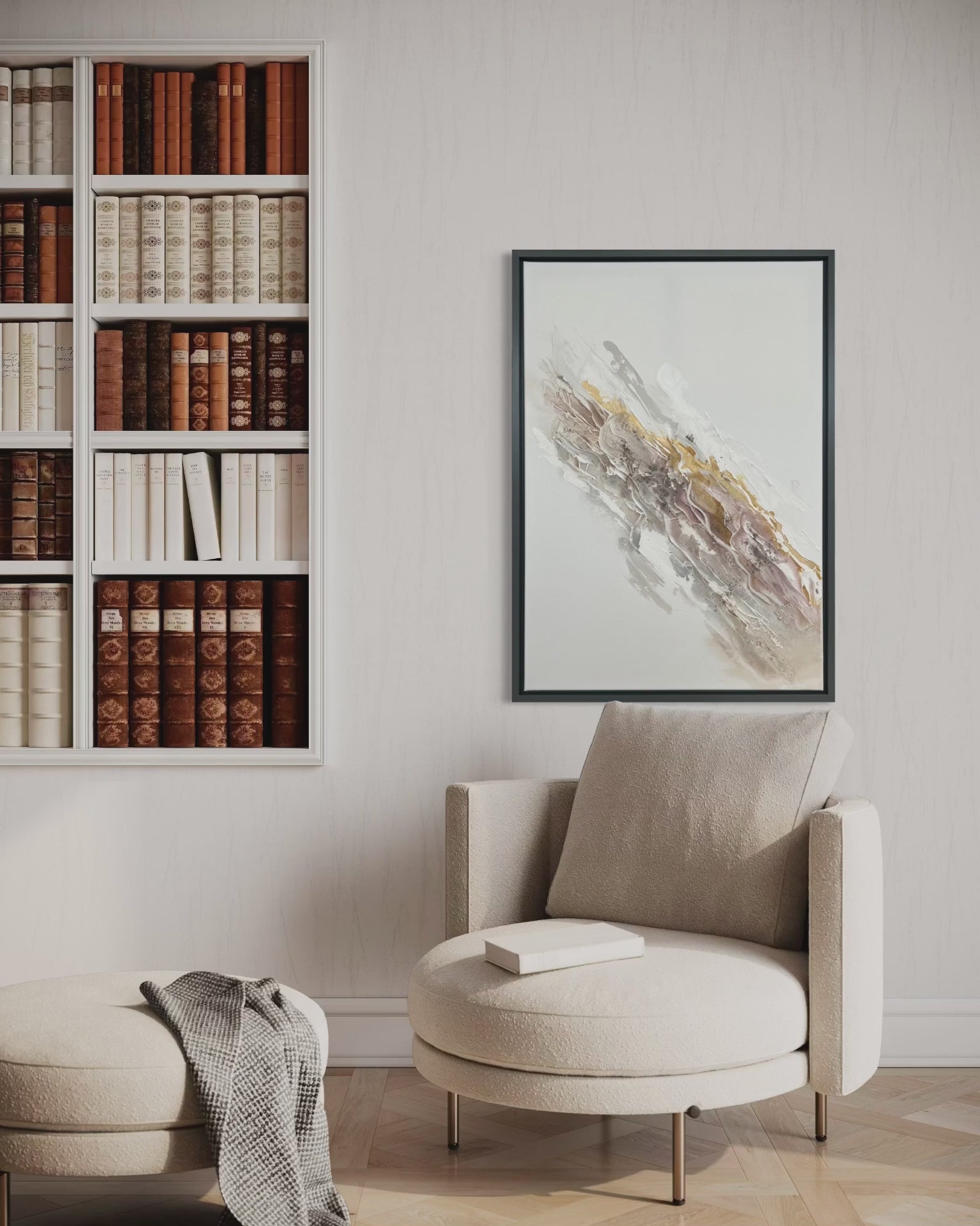 Video of Liberation 1 beside a bookshelf, above a cream armchair and round ottoman