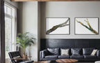 Video of Rooted 1 and Rooted 2 hanging together above a dark leather sofa